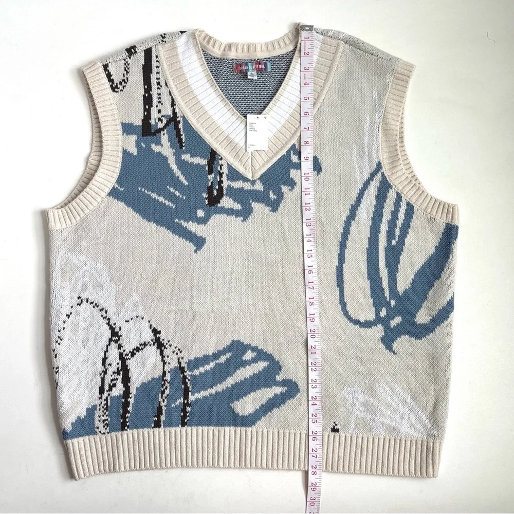 Urban Outfitters Men’s Abstract Pattern V-Neck Sweater Vest Cream Blue Large